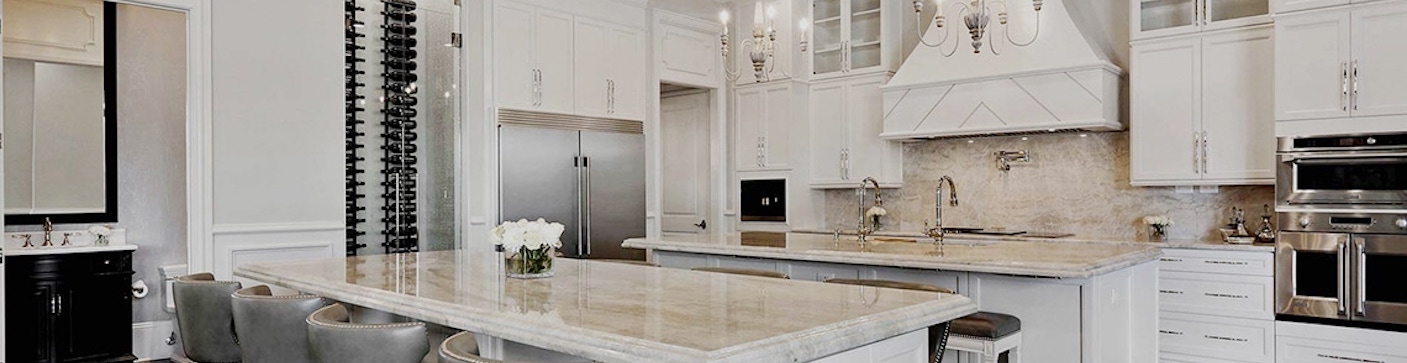Kitchen with inset cabinetry, a stone island and open shelving
